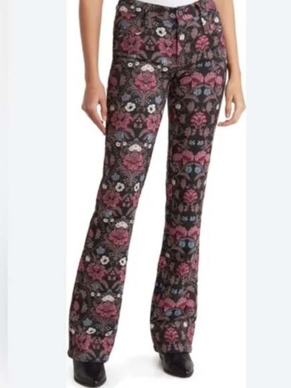PAIGE Naomi Floral Brocade Flare Leg Pants in Black Multi Size 2